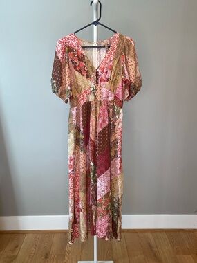 Kachel x Anthropologie 100% Silk Boho Patchwork Maxi Dress in Pink/Brown NWOT